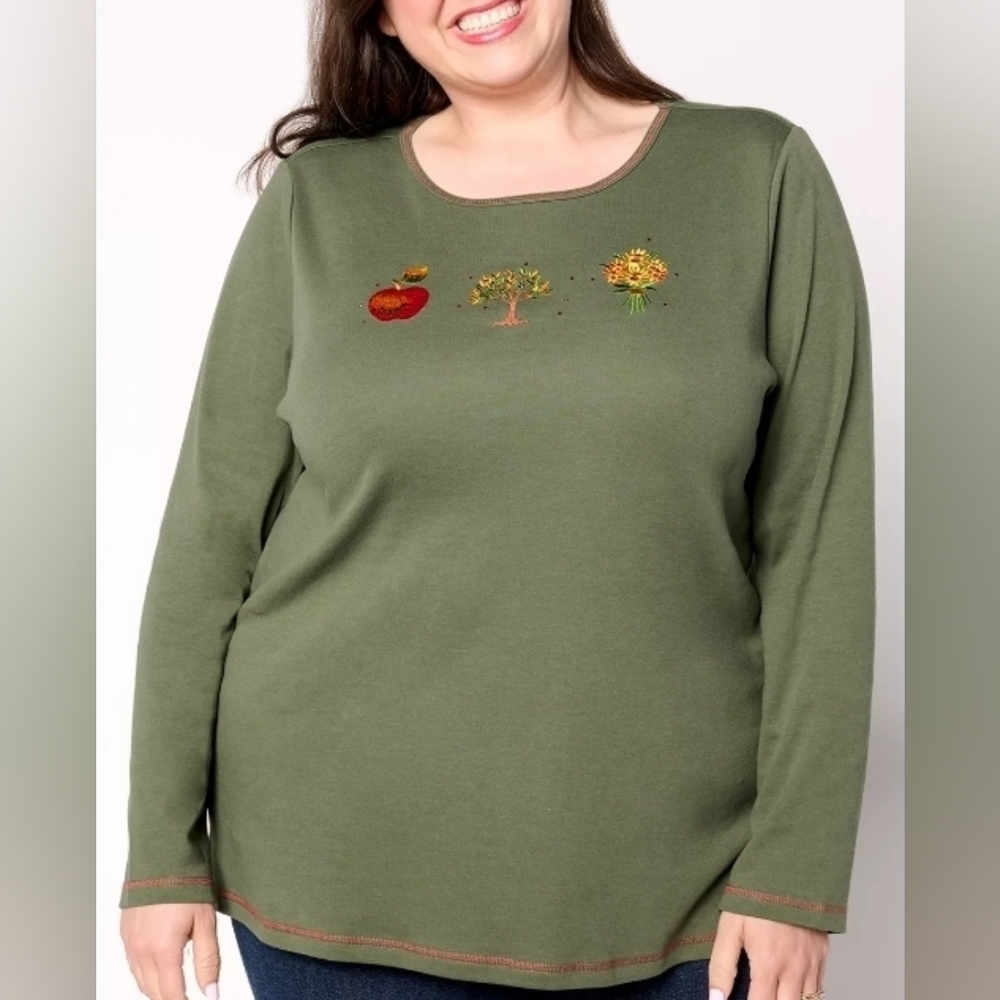 QUACKER FACTORY | Olive Green Embroidered Autumn‎ Fall Apple Long Sleeve Top | M